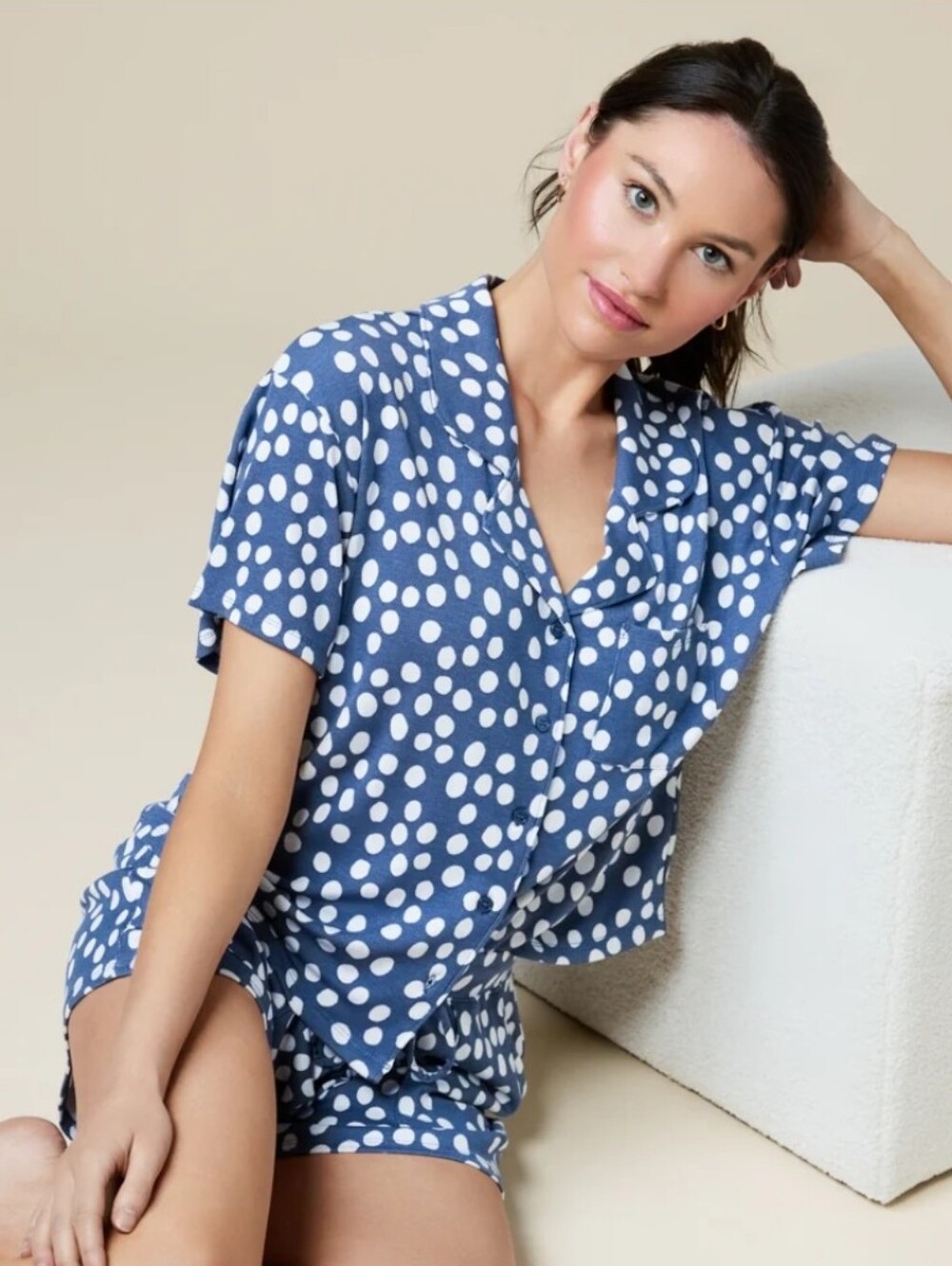 Softies Caftan Top Short PJ Set Indigo Dot Size M Modal Cozy Polka Dot